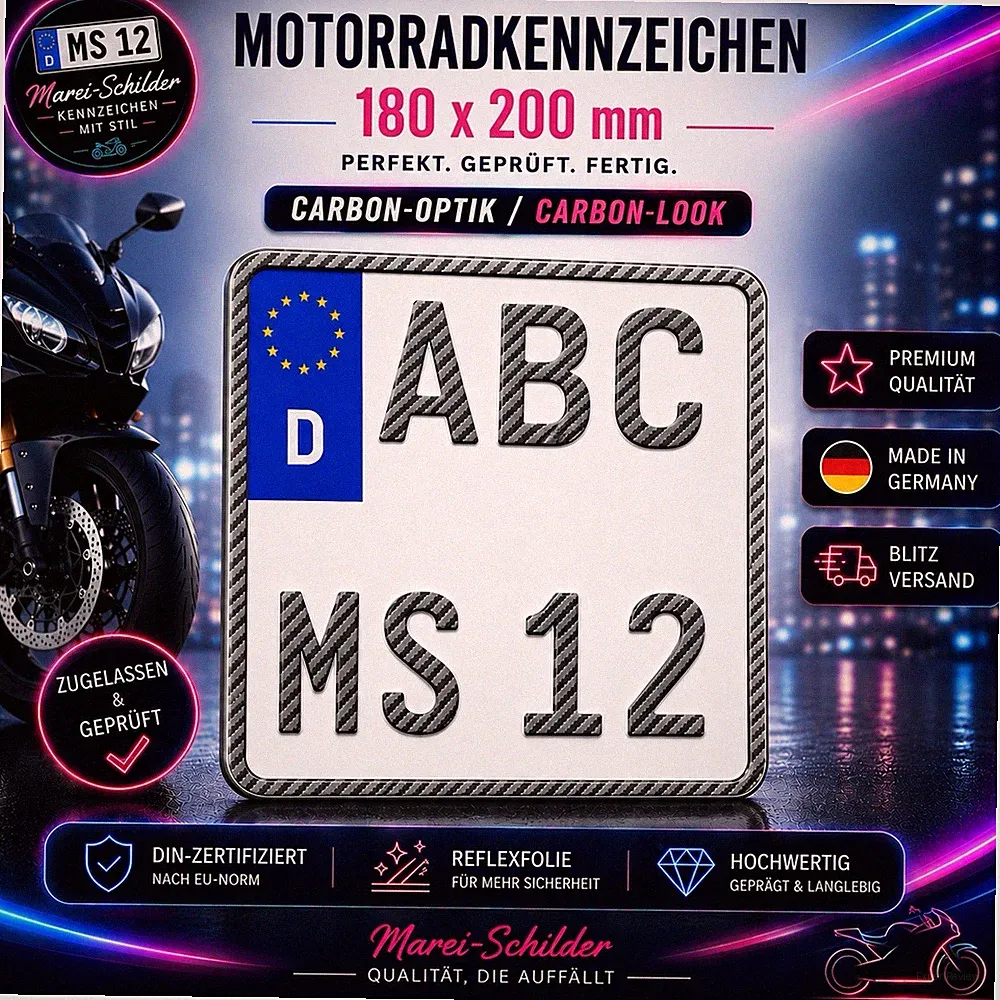 1 CARBON Optik Motorrad Kennzeichen | 180 x 200 mm | OFFIZIELLES Nummernschild