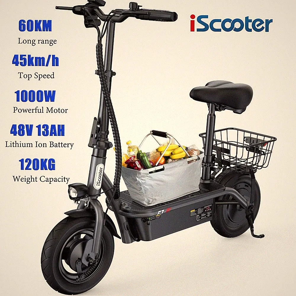 10 Zoll Elektroroller Offroad 48V 13AH E-Scooter mit Korb iScooter F3 1000W 60KM