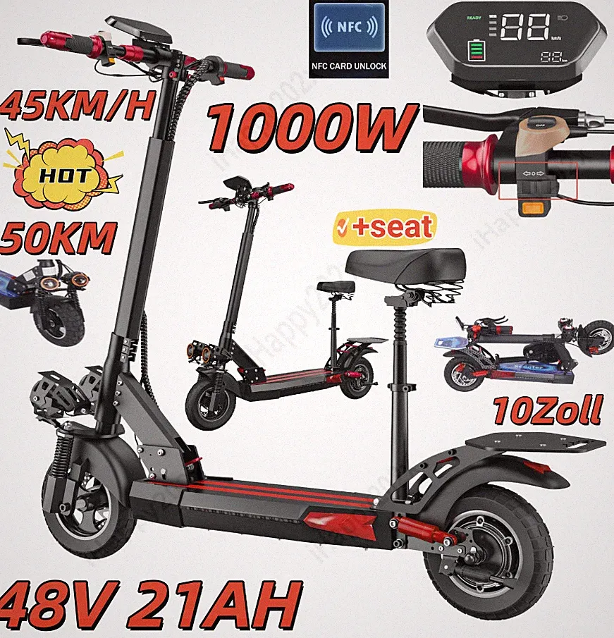 1000W Elektroroller 48V 21AH Faltbar 10 Zoll Off-road E-Scooter 50KM +seat Damen