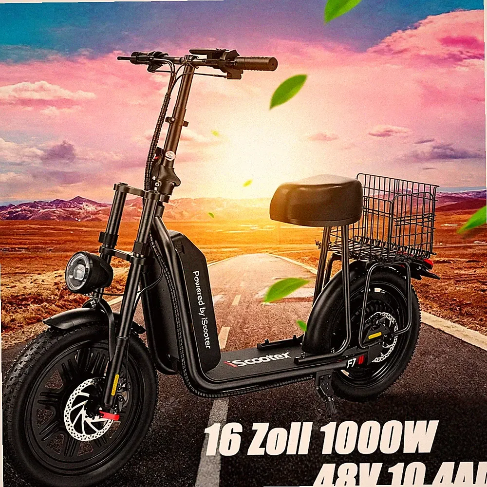 1000W Elektroroller iScooter F7 16'' Fat Tyre Elektro-Scooter 45km/h +APP/Korb