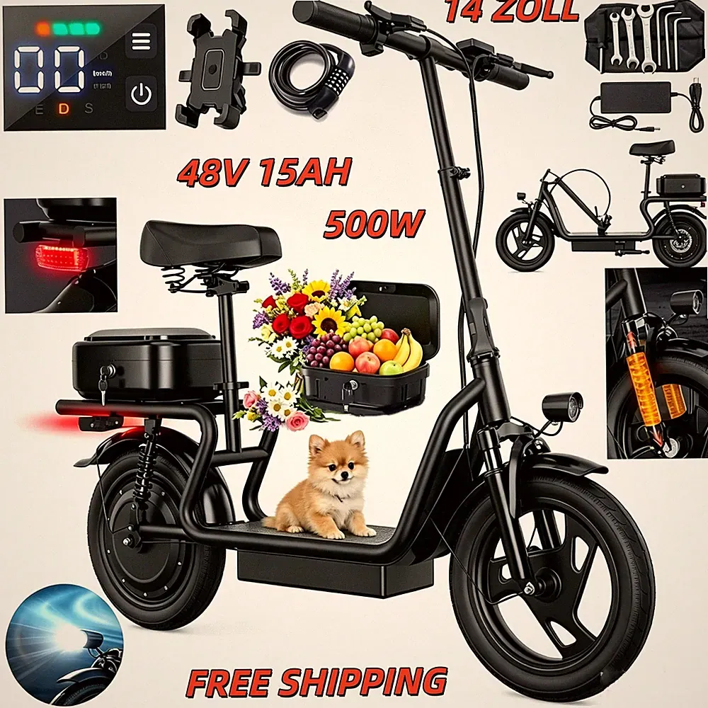 14 ZOLL Elektroroller mit Korb 48V 15AH Elektro Scoote 500W Klappbar E-Scooter