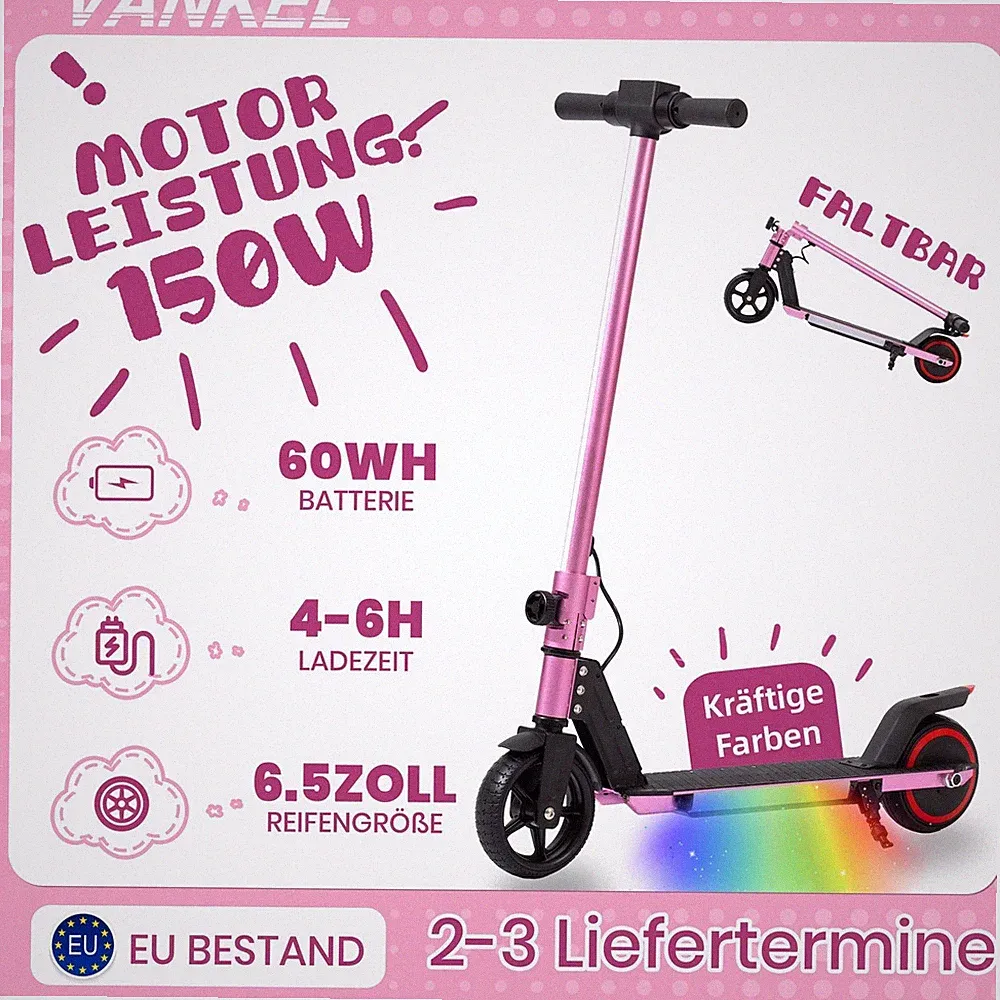 150W Klappbar Elektroroller, 6.5 Zoll Rosa E-scooter mit LED-Anzeige EBS Bremse