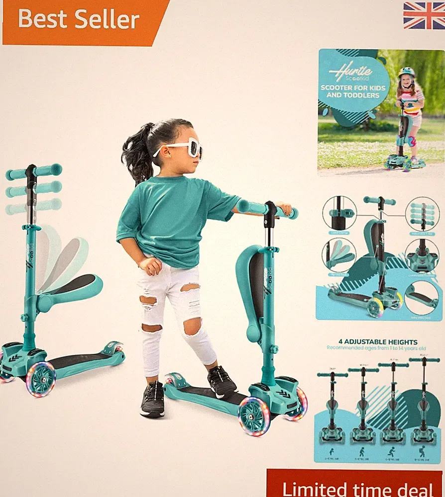 3-Rad Kinderroller mit Sitz - klappbar, höhenverstellbar & Leuchträder