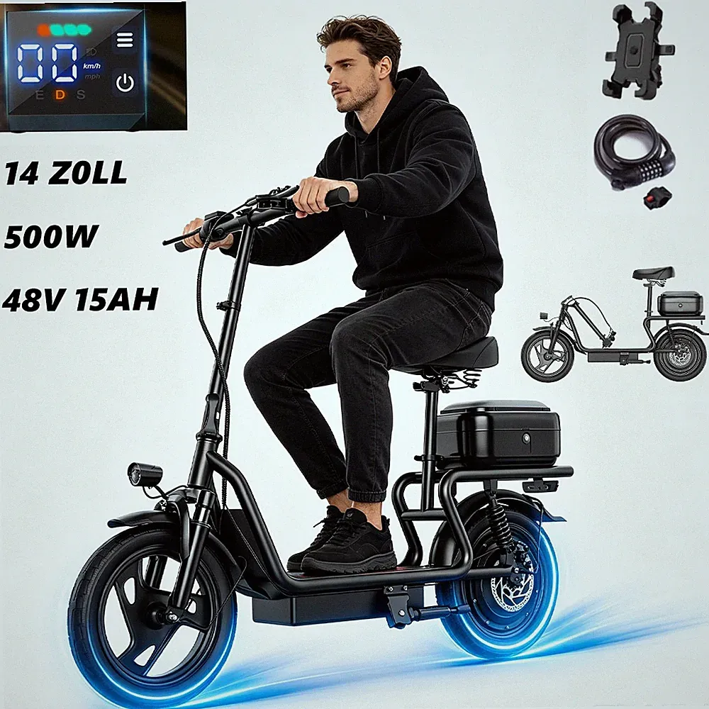 500W 14 Zoll Elektro-Roller 48V 15AH Klappbar Elektroroller 25km/h mit Korb X14
