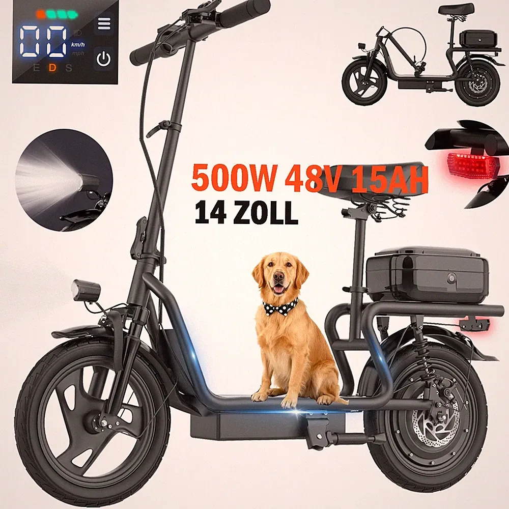 500W Elektroroller 48V 15AH 14 ZOLL Klappbar E-Scooter mit Korb bis 40km Adult