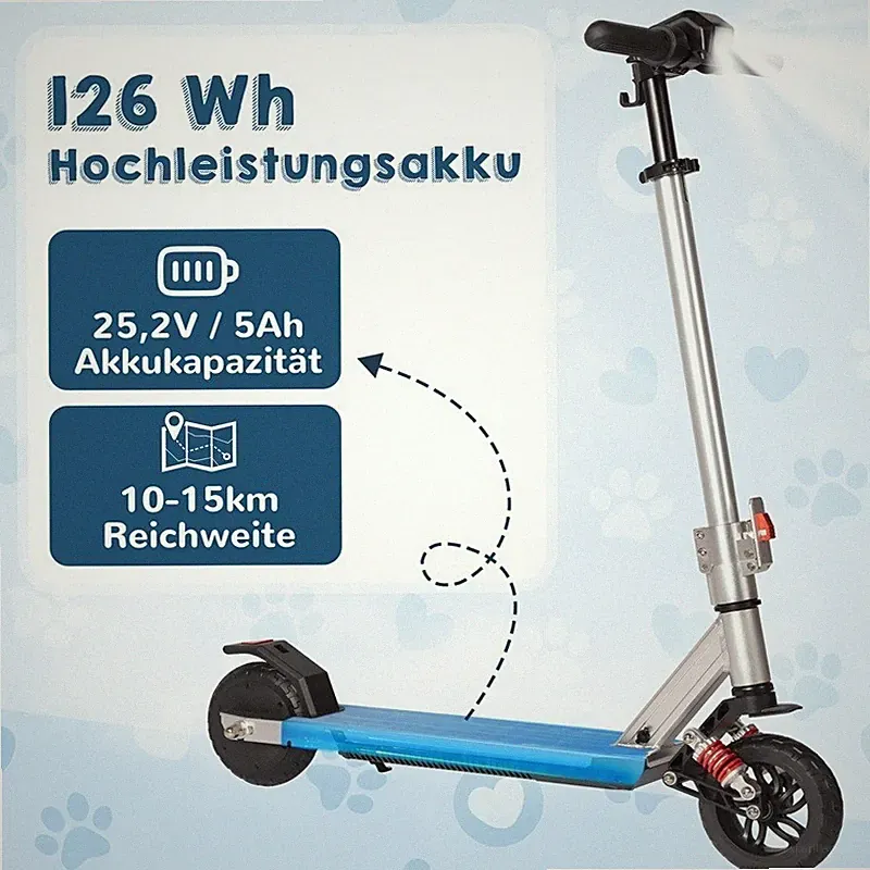 6,5'' Kinder Elektroroller mit Federung klappbar E-Scooter Silber ab 10 Jahren