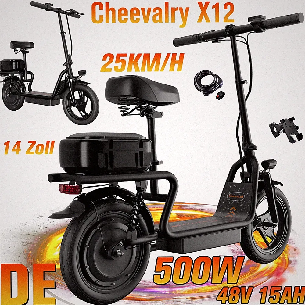 Cheevalry X12 500W Elektroroller 48V15AH Klappbar E-Scooter Kasten 25km/h Adult