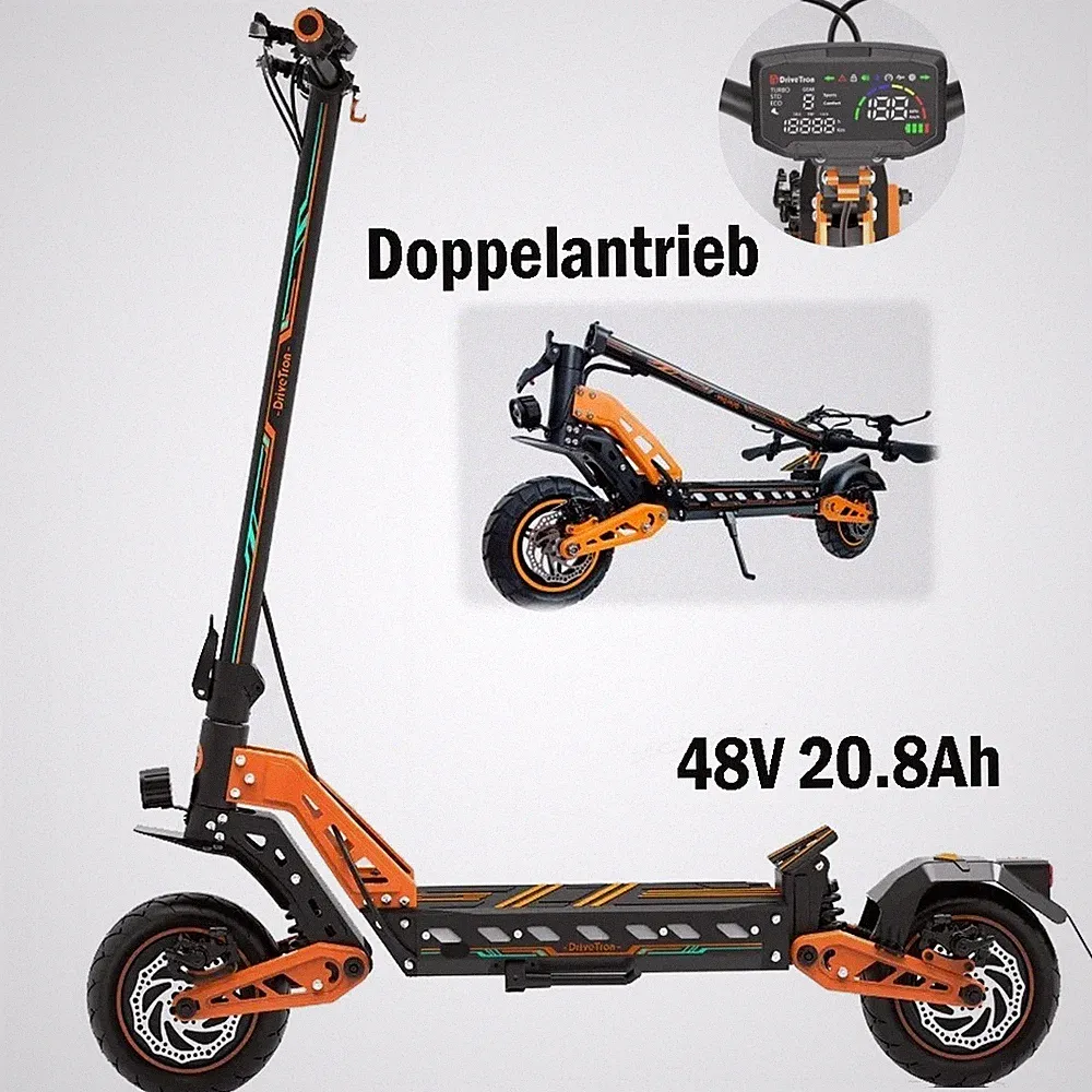 DriveTron DT10 2800W Elektroroller 48V20.8Ah 10" Klappbar E-Scooter 60km/h 75KM