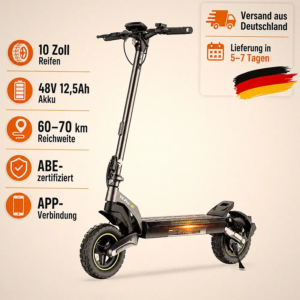 E-Scooter Elektroroller 10 Zoll 48V 12,5Ah Klappbar ABE App Offroad Doppelbremse