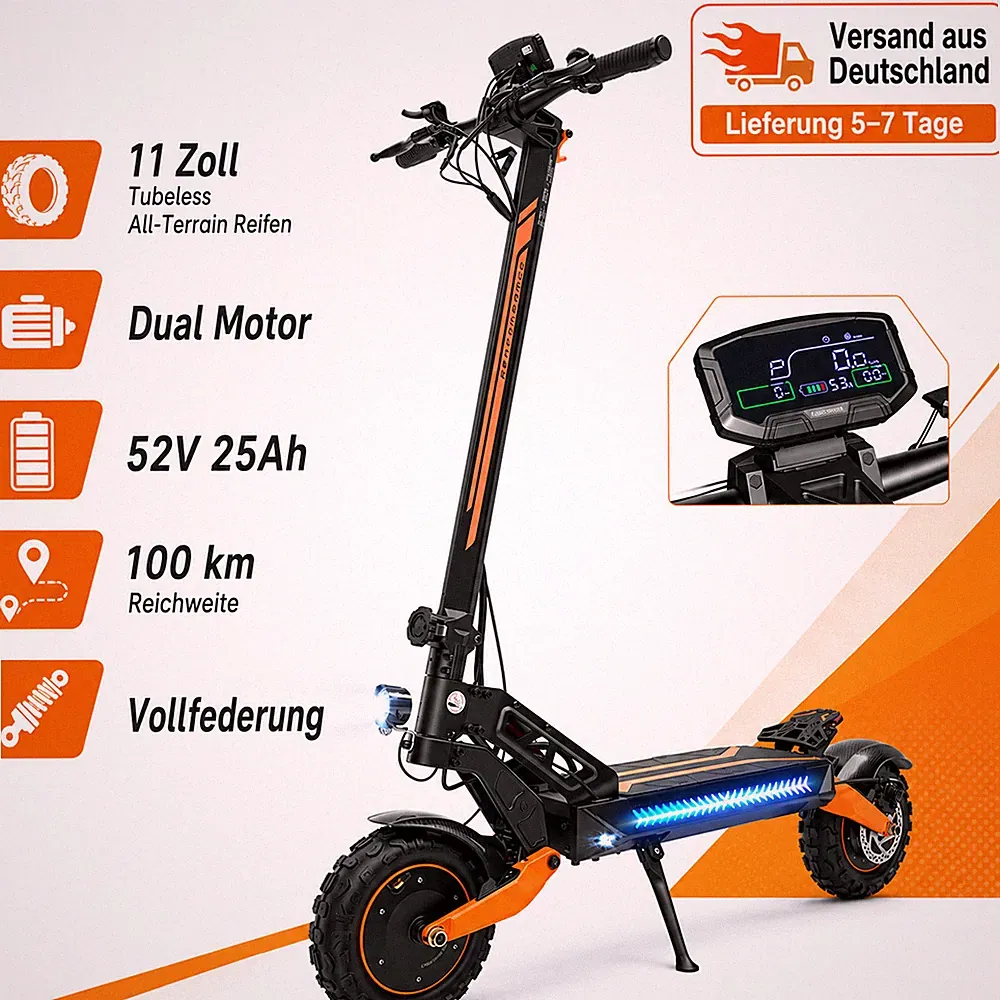 E-Scooter Elektroroller 11 Zoll 52V 25Ah Doppelmotor Klappbar Offroad App 100km