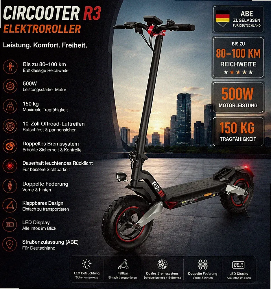 E-Scooter mit Straßenzulassung 10 Zoll Elektroroller 150kg kann 20km/h 45km/h