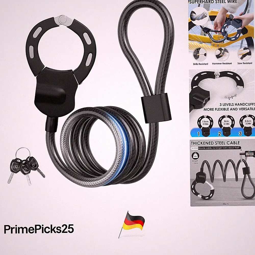Elektro-Roller Schloss 1 2 m Kabel Handschellen Schwarz Stahl Silikon
