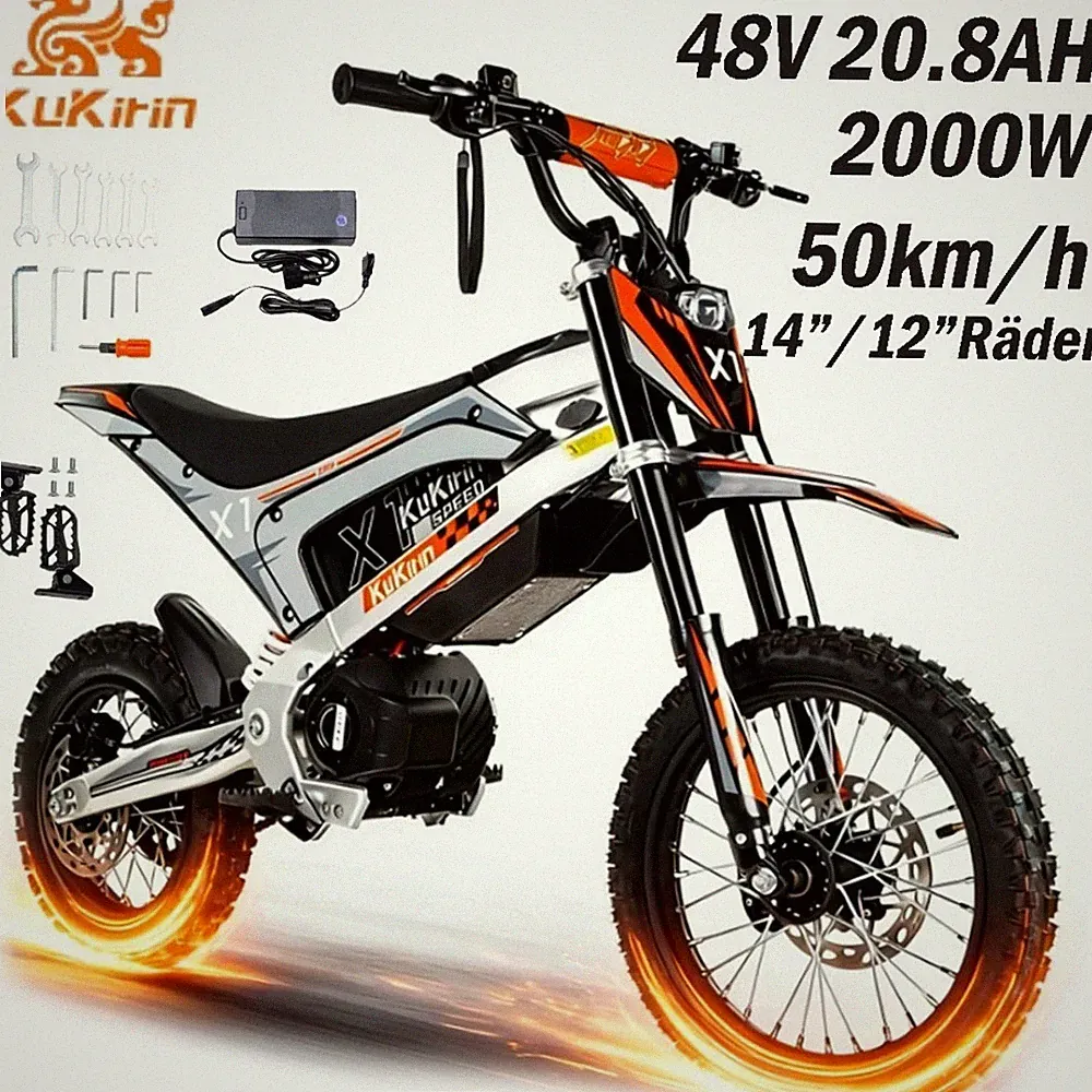 Elektromotorrad Mittelmotor 2000W 48V 20.8AH 50KM/H Vollfederung 14"&12" OffRoad