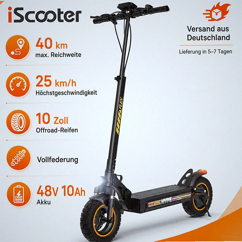 Elektroroller E-Scooter 10 Zoll Offroad 48V 10Ah 40km 25km/h Klappbar Federung