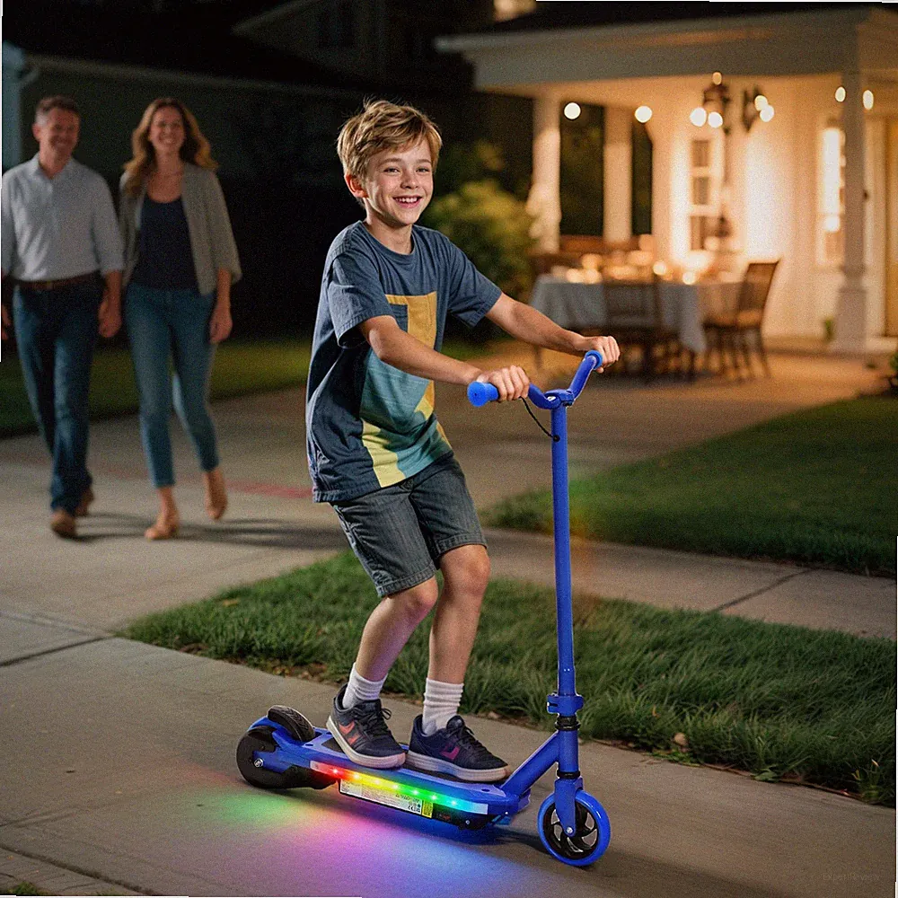 Elektroroller für Kinder 6-14 Jahre, mit bunten Lichtern, blau