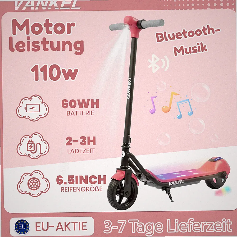 Elektroroller Kinder Rosa Faltbar 6.5 Zoll mit LED Display Bluetooth Für kinder