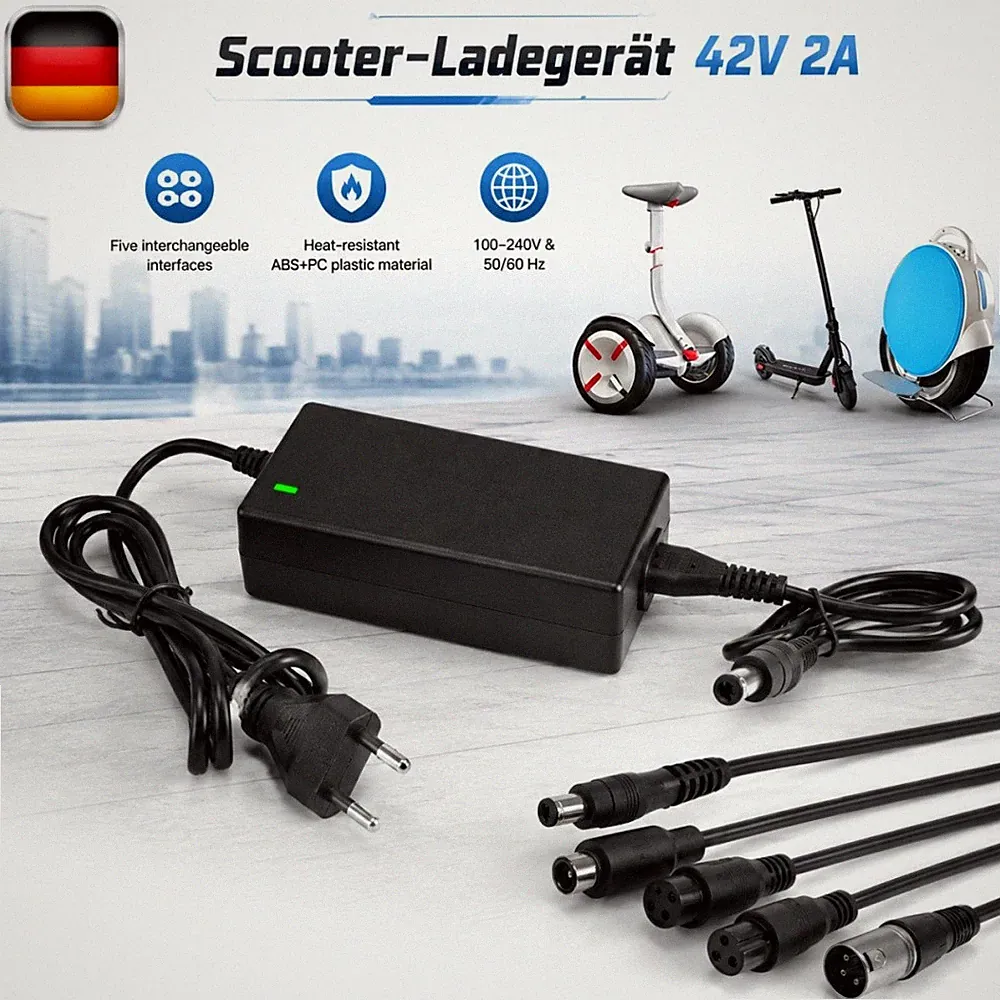 Elektroroller Ladegerät 42V 2A für Elektroroller & Hoverboards mit 5 Anschlüssen