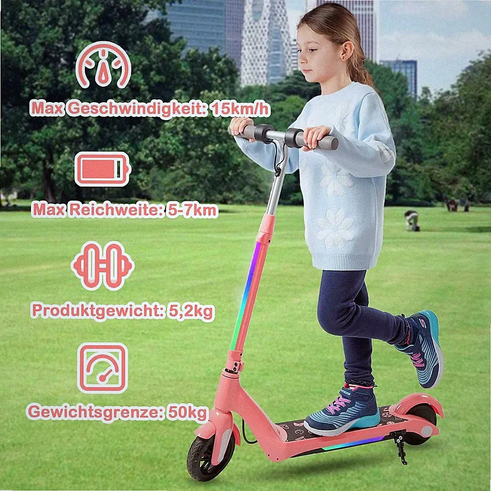 ELSCOOT F6 Elektro-Kinderroller Pink 15km/h E-Scooter für Kinder 6-12 J.