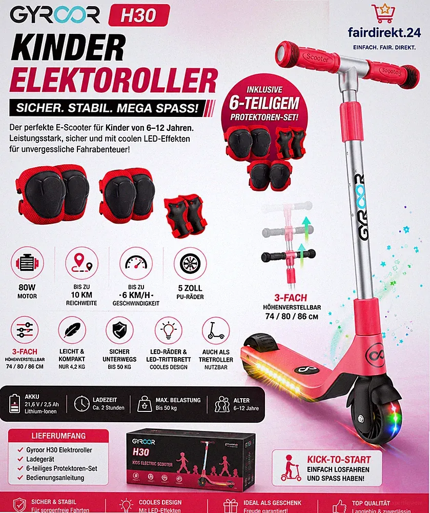 Gyroor H30 Kinder Elektroroller Rot LED E-Scooter 80W 10km Neu & OVP