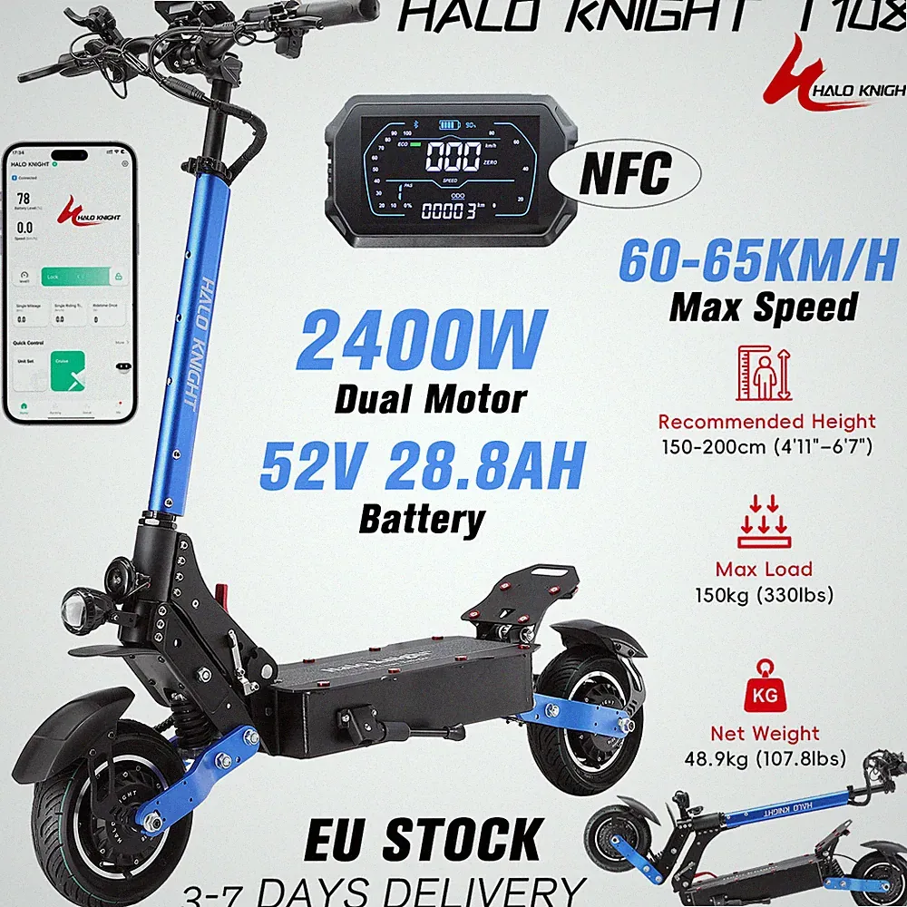 Halo Knight T108 Elektroroller 2400W 52V 28,8Ah E-Scooter 10" Off-road 65KM/H EU