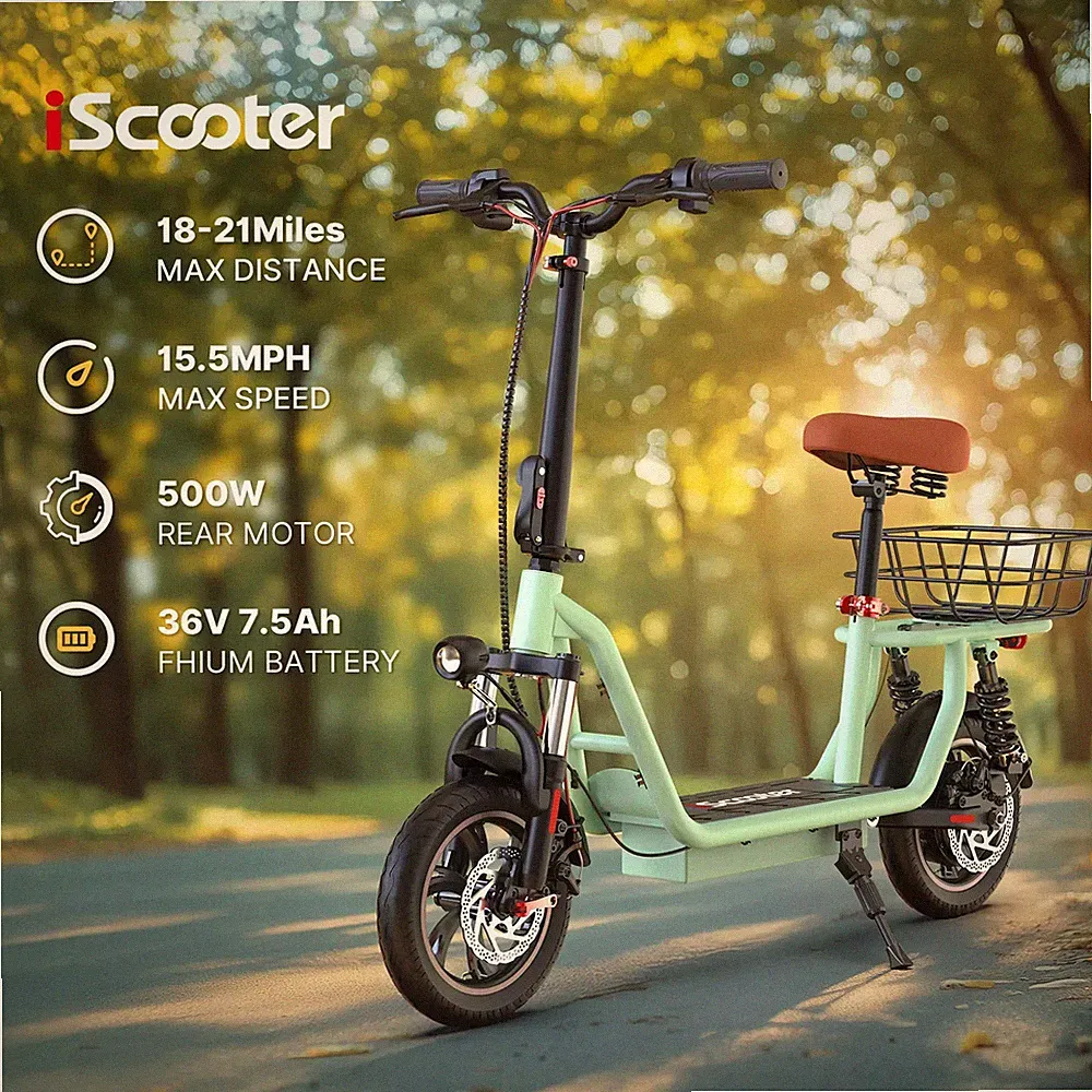 iScooter i12 Elektroroller 500W 12 Zoll Klappbar City E-Scooter mit Korb Grün