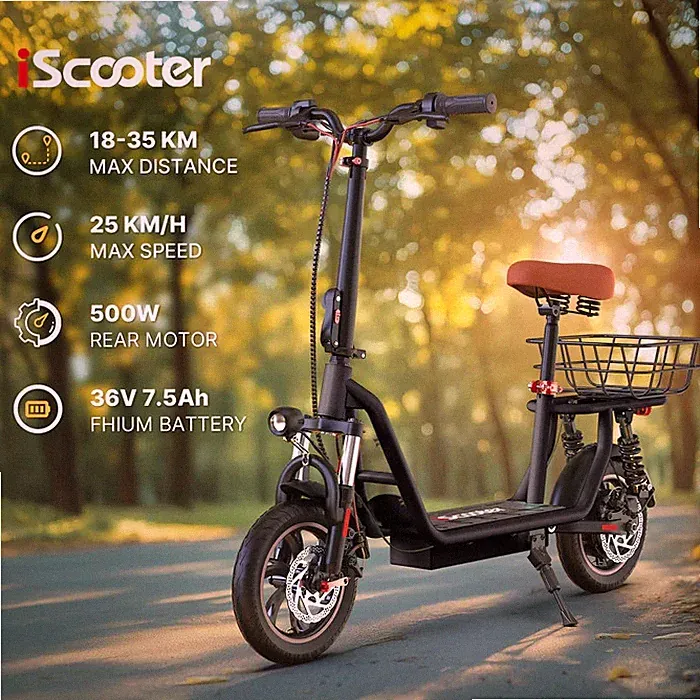 iScooter i12 Elektroroller 500W 7,5Ah City E-Scooter 12 Zoll E-Roller mit Korb