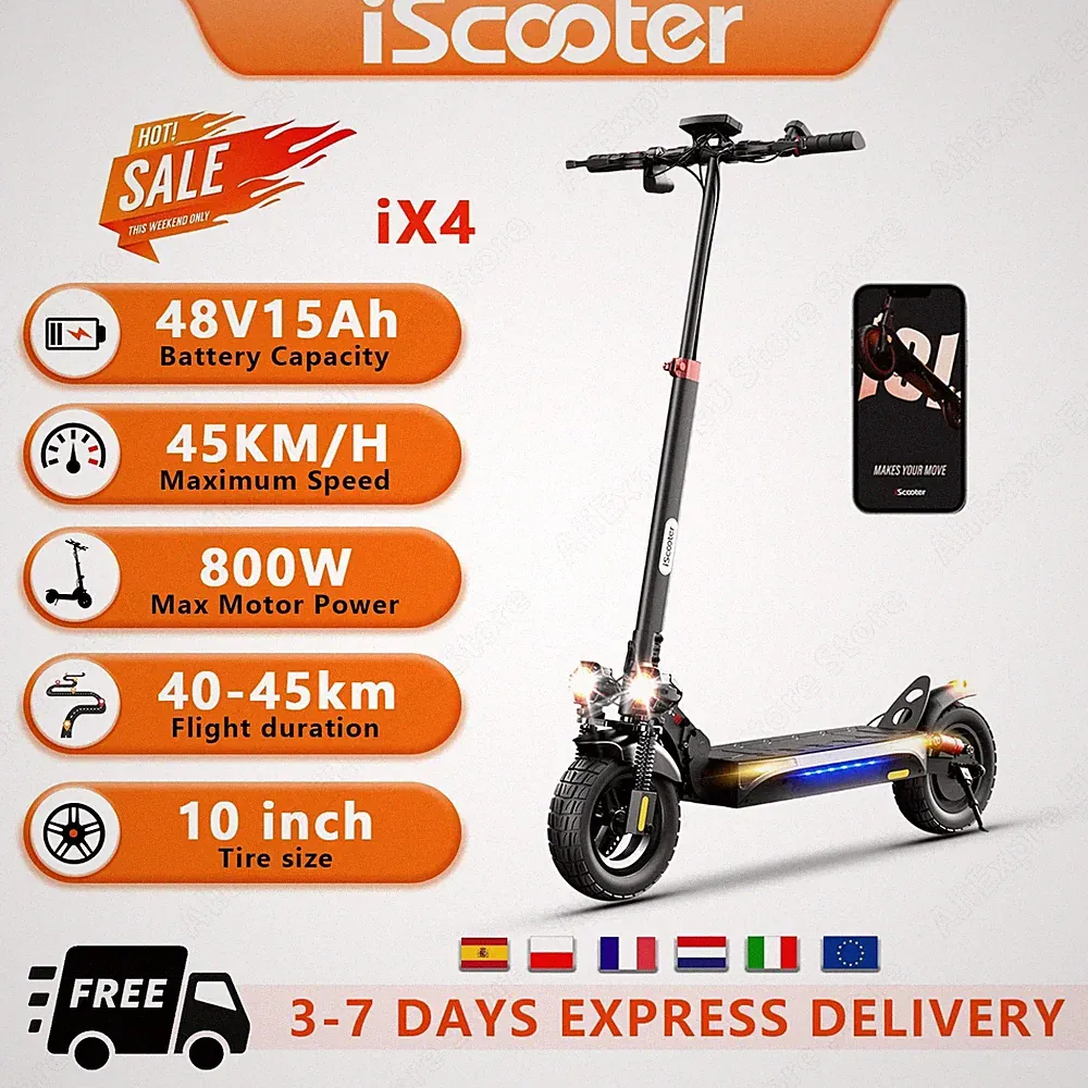 iScooter IX4 Offroad Elektroroller 800W 48V 15AH 10" Klappbarer E-Scooter 45KM