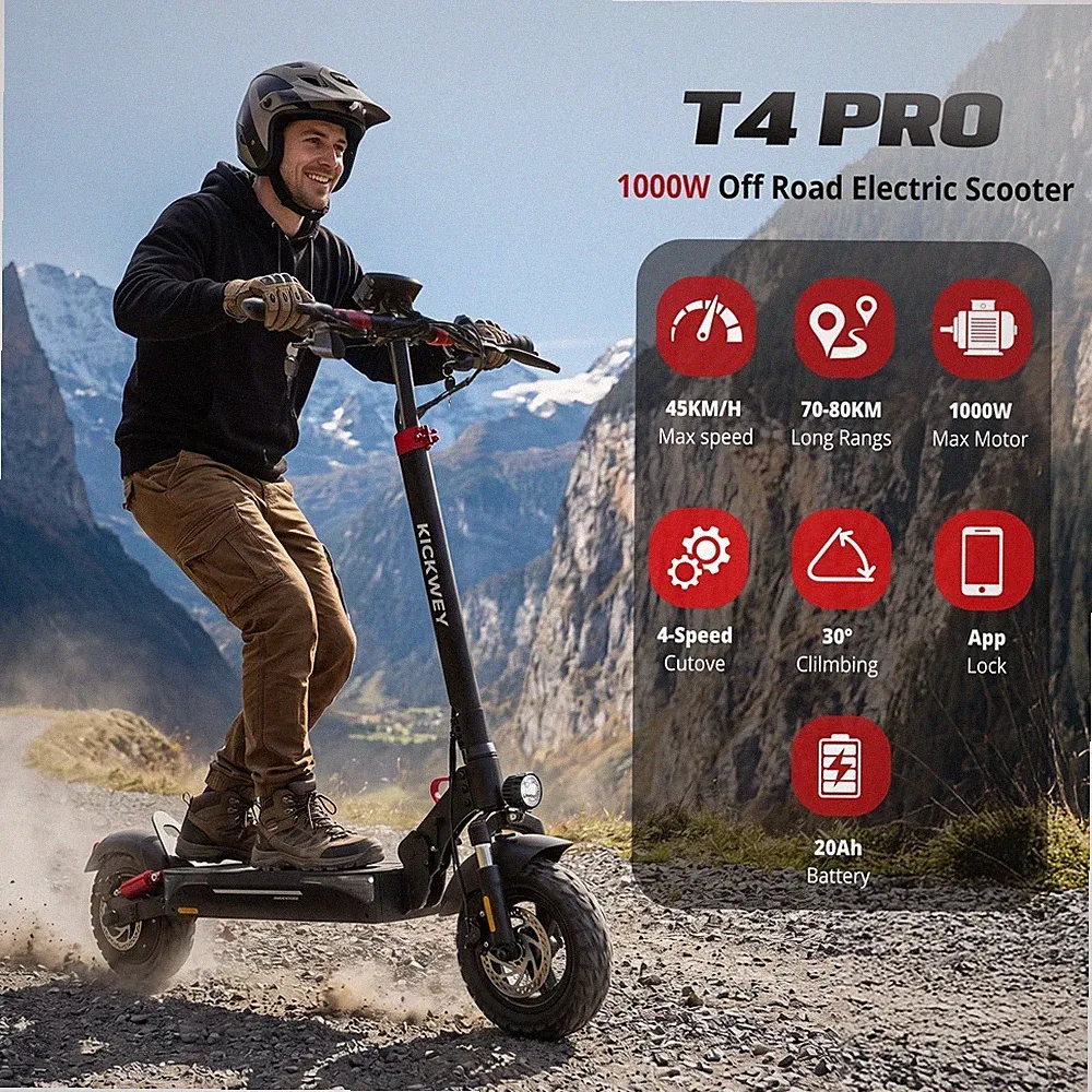 KICKWEY T4 PRO E-Scooter 48V 20AH 10 Zoll 1000W 45Km/h Klappbar Elektroroller DE