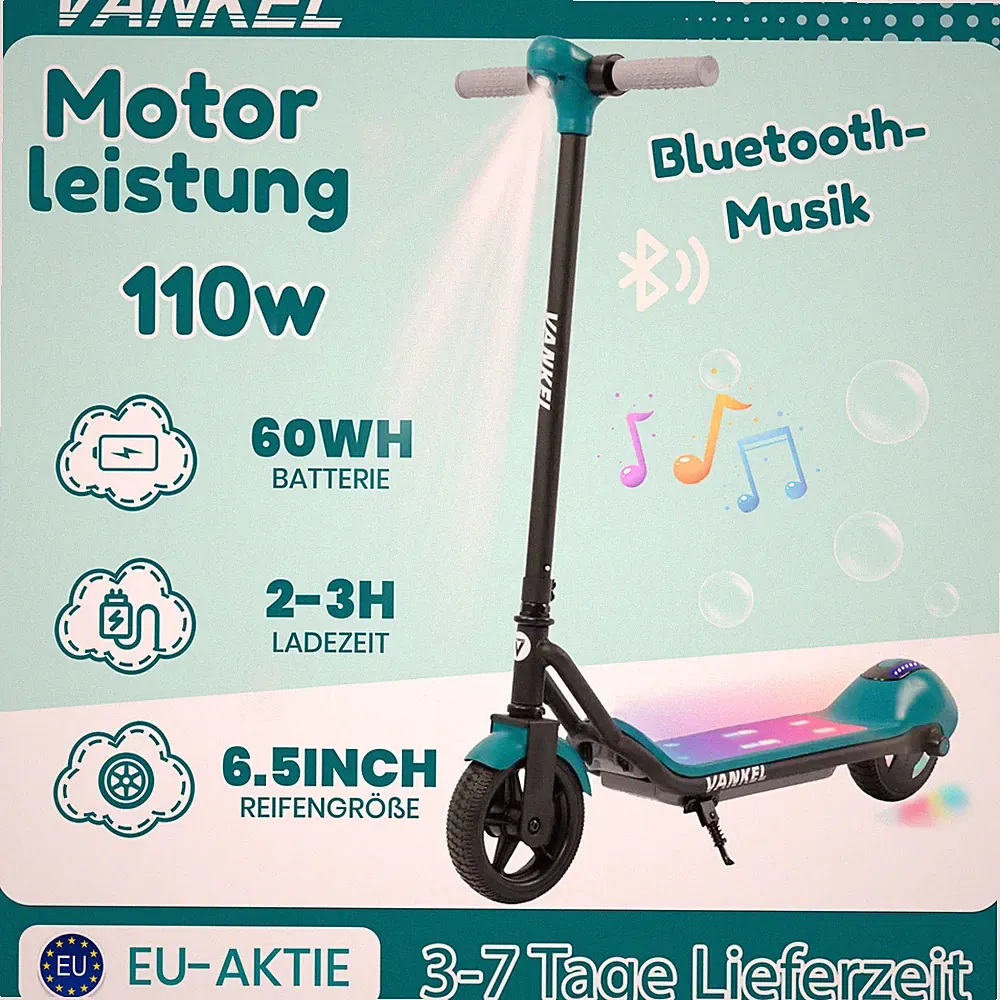 Kinder Elektroroller Klappbar Grün, 6.5" E-Scooter mit Bluetooth-Musik 14KM/H