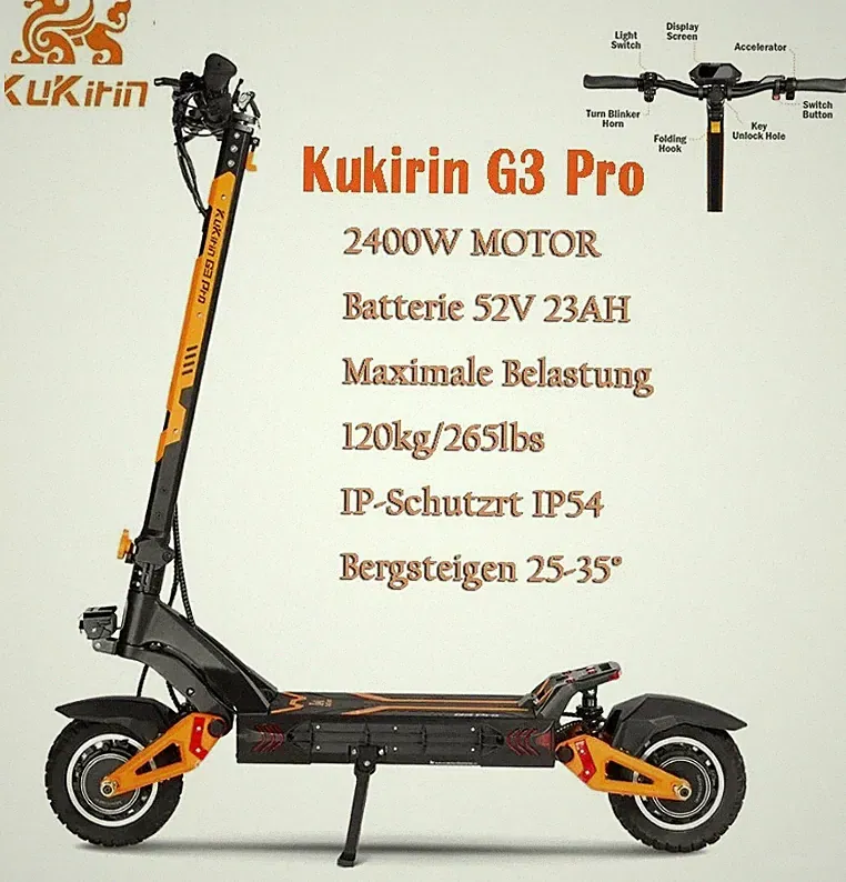 KuKirin G3pro Elektro-Scooter 2400W Doppelmotoren 10 Zoll E Roller 18Ah 50KM/H