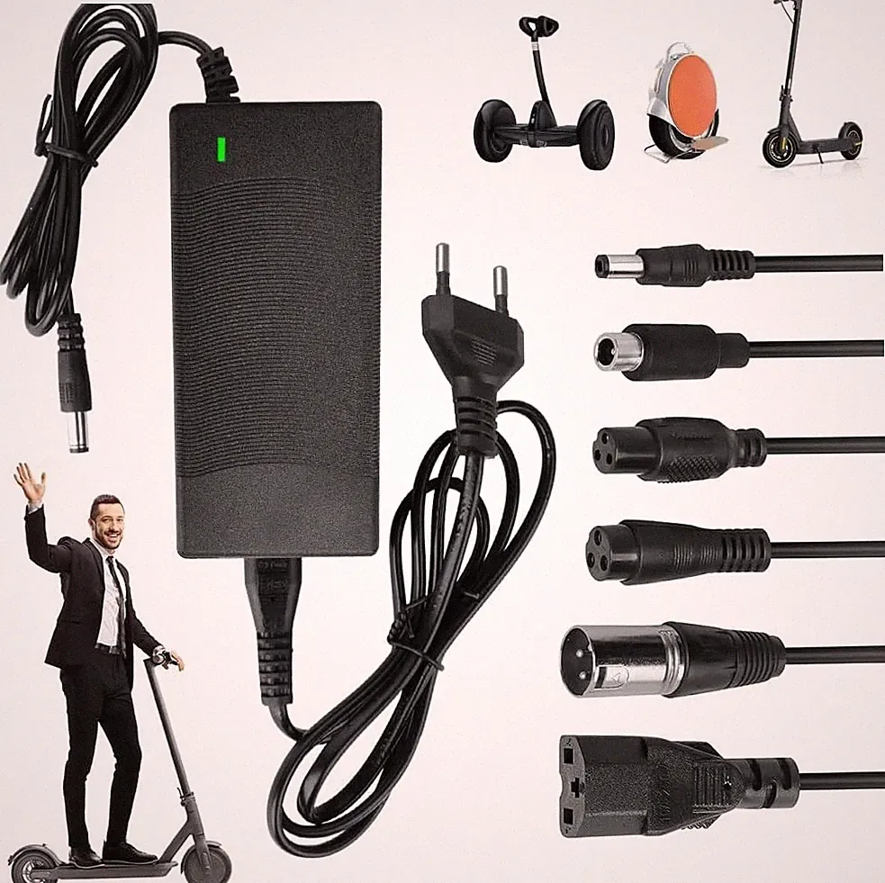 Ladegerät für Elektroroller 42V 2A mit 6 Anschlüssen und LED-Anzeige, Schwarz