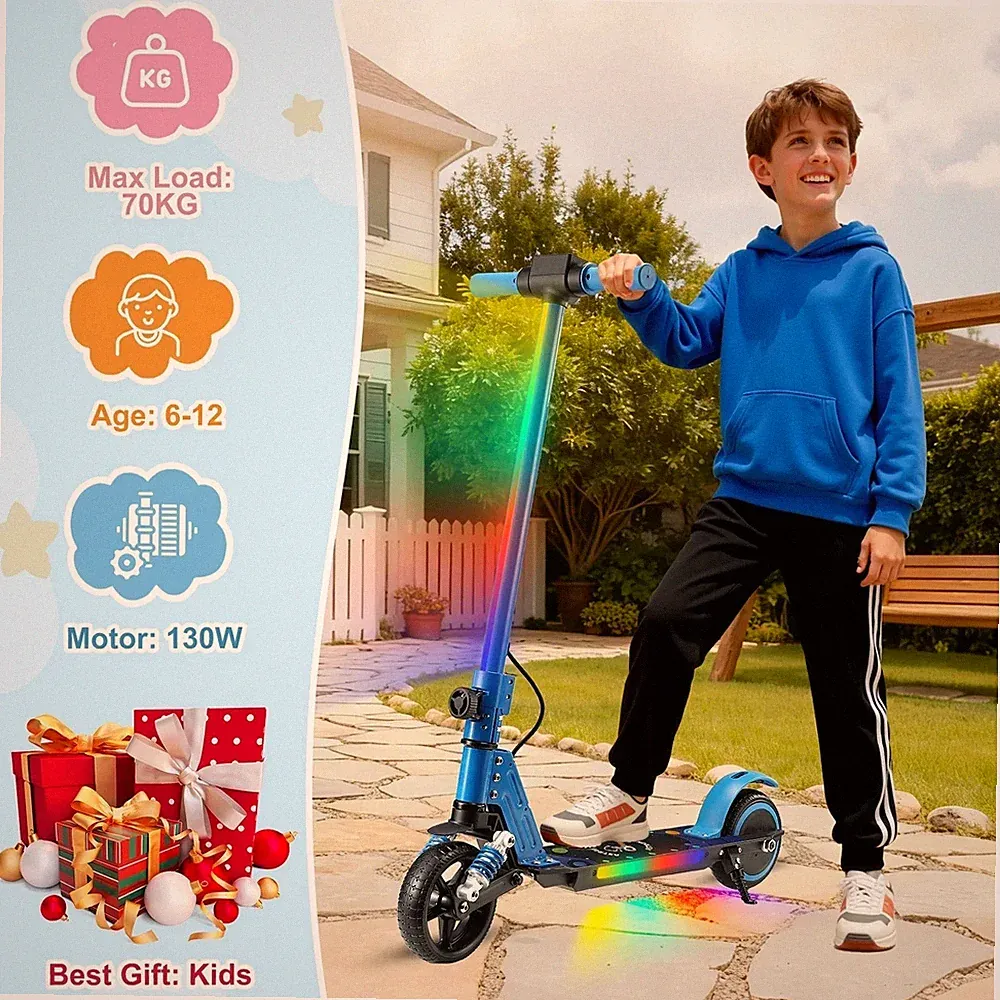 Simate Kinderroller E Scooter 6-12 Jahren Elektroscooter 8 Km 14km/h Faltbar LED