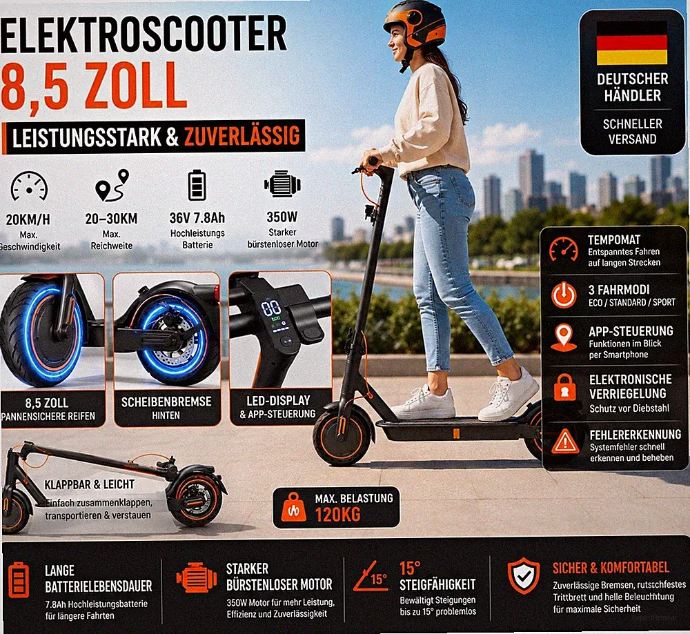 SOMKAA T3 Elektroroller 8,5 Zoll 350W 36V 7,8Ah bis 20/30km/h km Bluetooth App