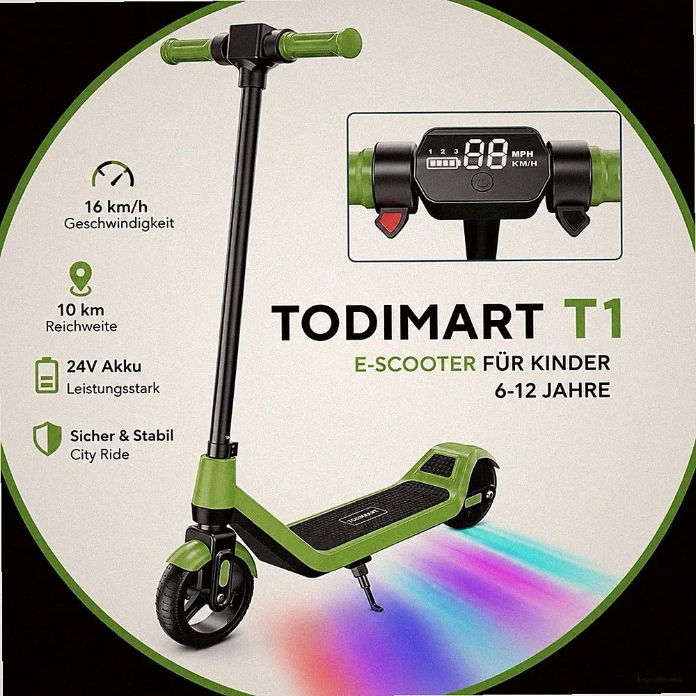 TODIMART Kinder E-Scooter 150W faltbar 16km/h LED Elektroroller 6-12 Jahre Grün