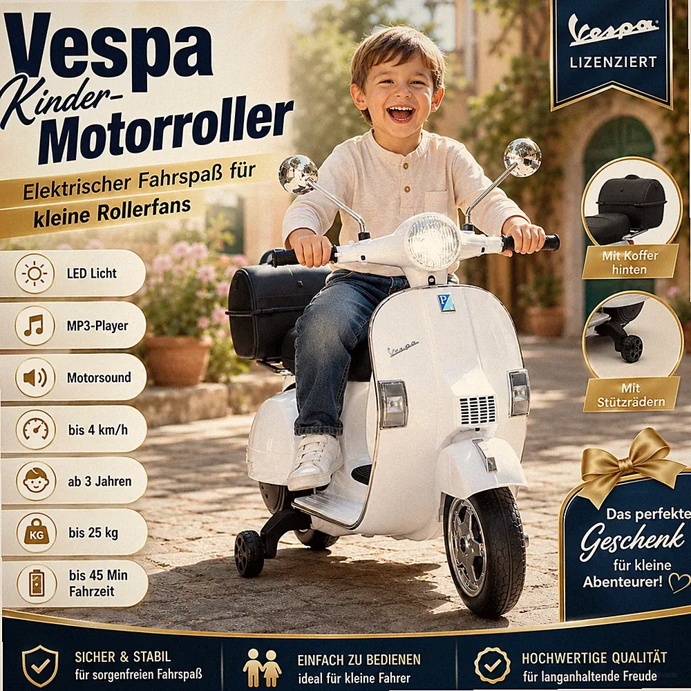 Vespa Kinder Motorroller PX 150 Elektro weiß LED MP3 Sound ab 3 Jahre NEU OVP