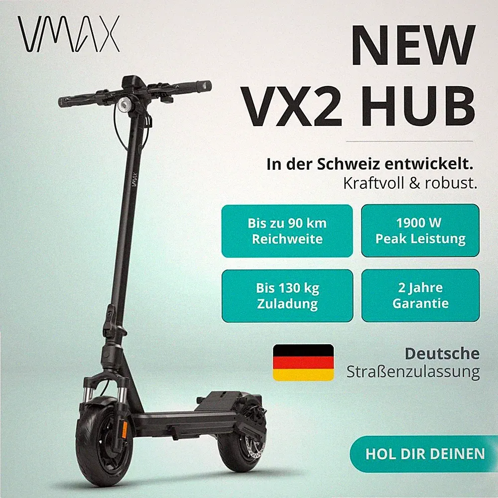 VMAX NEW VX2 HUB Elektroroller 90 km Reichweite 500 W Vollfederung StVZO