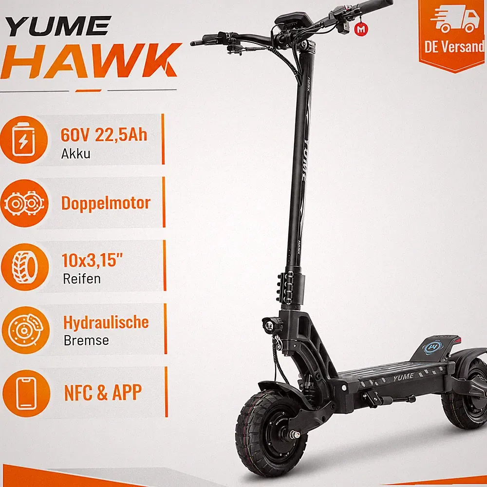 YUME Hawk E-Scooter 60V 22,5Ah 10x3,15 Zoll NFC APP Hydraulikbremse Vollfederung